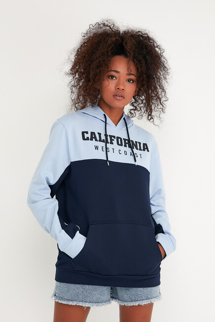 Kadın Kapşonlu Garnili Oversize Fit CALİFORNIA Baskılı İnceSweatshirt SPR22SWK166