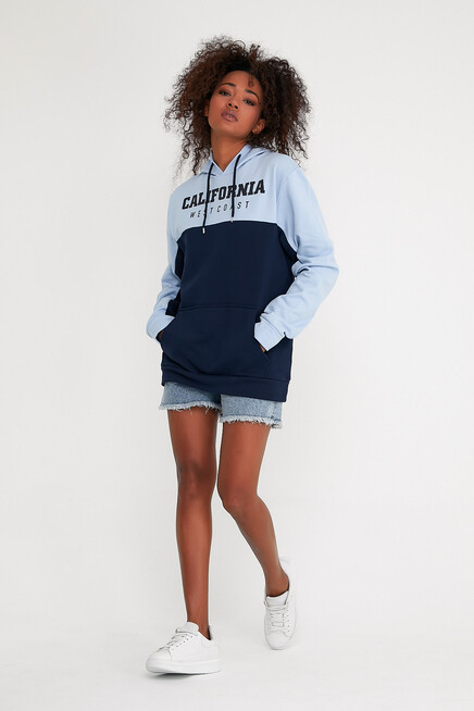 Kadın Kapşonlu Garnili Oversize Fit CALİFORNIA Baskılı İnceSweatshirt SPR22SWK166