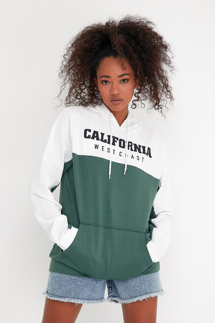 Kadın Kapşonlu Garnili Oversize Fit CALİFORNIA Baskılı İnceSweatshirt SPR22SWK166