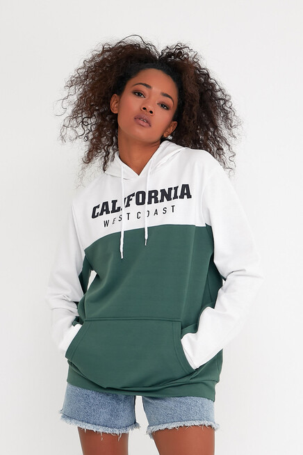 Kadın Kapşonlu Garnili Oversize Fit CALİFORNIA Baskılı İnceSweatshirt SPR22SWK166