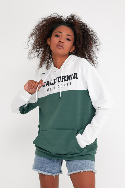 Kadın Kapşonlu Garnili Oversize Fit CALİFORNIA Baskılı İnceSweatshirt SPR22SWK166