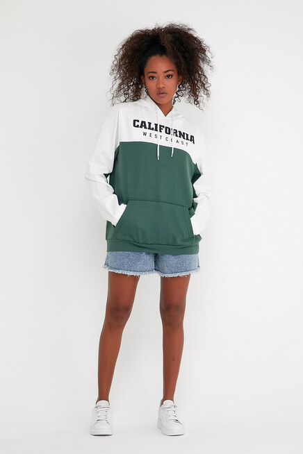 Kadın Kapşonlu Garnili Oversize Fit CALİFORNIA Baskılı İnceSweatshirt SPR22SWK166