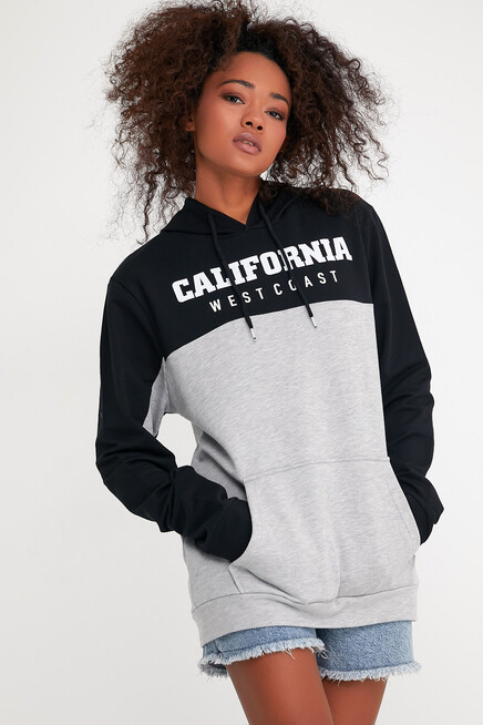 Kadın Kapşonlu Garnili Oversize Fit CALİFORNIA Baskılı İnceSweatshirt SPR22SWK166