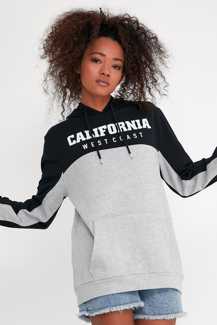 Kadın Kapşonlu Garnili Oversize Fit CALİFORNIA Baskılı İnceSweatshirt SPR22SWK166