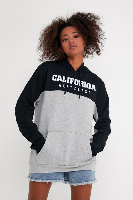 Kadın Kapşonlu Garnili Oversize Fit CALİFORNIA Baskılı İnceSweatshirt SPR22SWK166