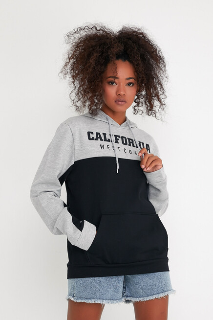 Kadın Kapşonlu Garnili Oversize Fit CALİFORNIA Baskılı İnceSweatshirt SPR22SWK166