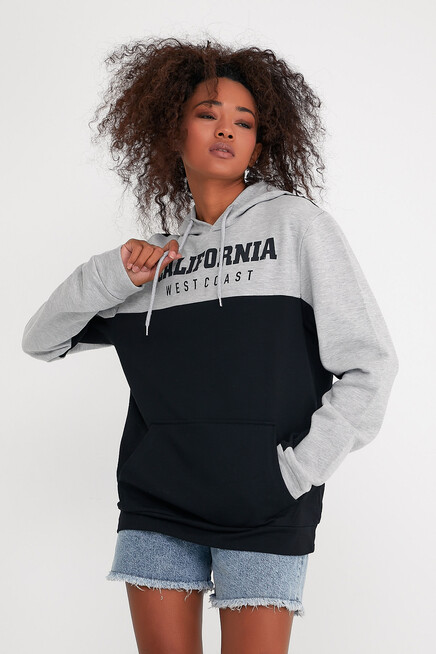 Kadın Kapşonlu Garnili Oversize Fit CALİFORNIA Baskılı İnceSweatshirt SPR22SWK166