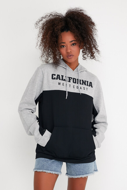 Kadın Kapşonlu Garnili Oversize Fit CALİFORNIA Baskılı İnceSweatshirt SPR22SWK166