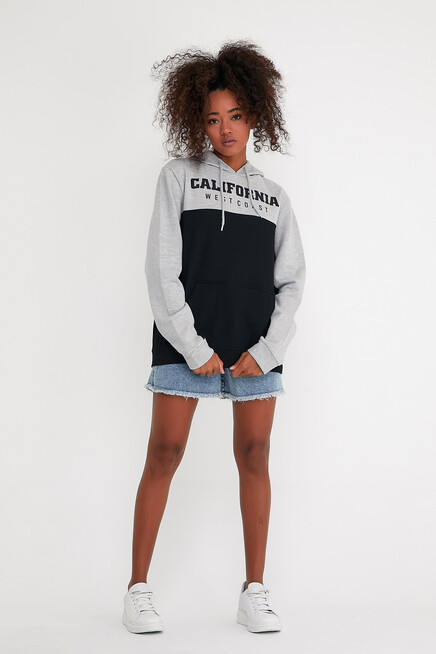 Kadın Kapşonlu Garnili Oversize Fit CALİFORNIA Baskılı İnceSweatshirt SPR22SWK166