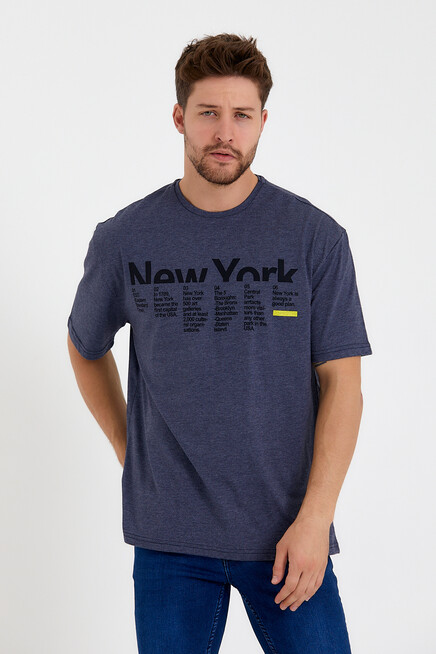 Erkek Bisiklet Yaka Regular Fit New York Baskılı Tişort SPR22TS112