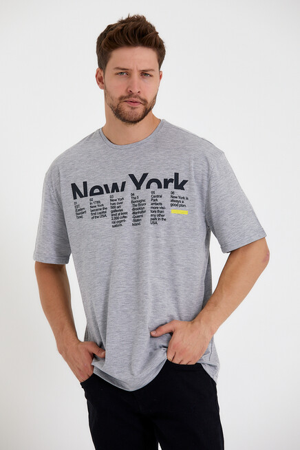 Erkek Bisiklet Yaka Regular Fit New York Baskılı Tişort SPR22TS112