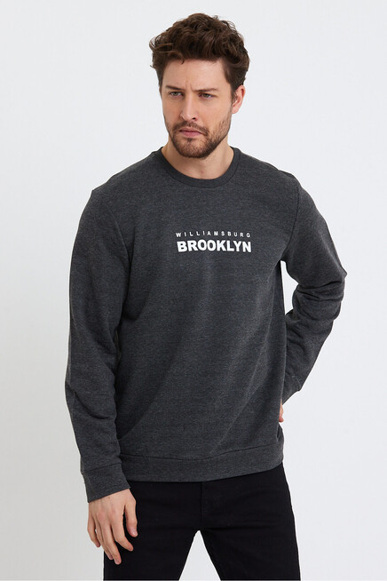 Erkek Bisiklet Yaka Regular Fit Brooklyn Baskılı İnce Sweatshirt SPR23SW330