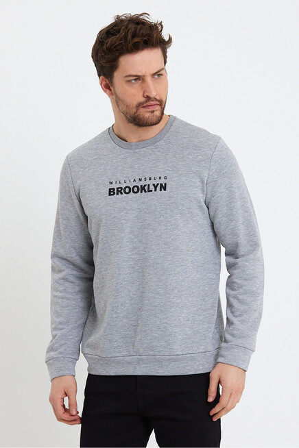 Erkek Bisiklet Yaka Regular Fit Brooklyn Baskılı İnce Sweatshirt SPR23SW330