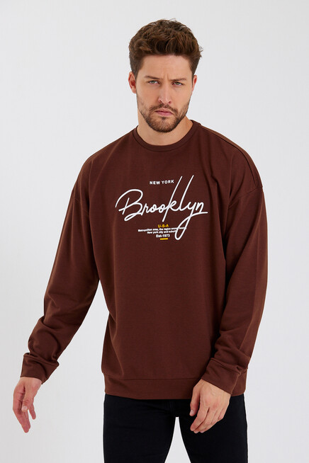 Süperlife Erkek Bisiklet Yaka Oversize Fit  El Yazılı Brooklyn İnce Sweatshirt SPR23SW331