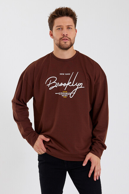 Süperlife Erkek Bisiklet Yaka Oversize Fit  El Yazılı Brooklyn İnce Sweatshirt SPR23SW331