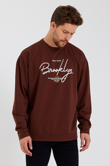 Süperlife Erkek Bisiklet Yaka Oversize Fit  El Yazılı Brooklyn İnce Sweatshirt SPR23SW331