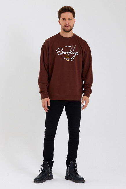 Süperlife Erkek Bisiklet Yaka Oversize Fit  El Yazılı Brooklyn İnce Sweatshirt SPR23SW331
