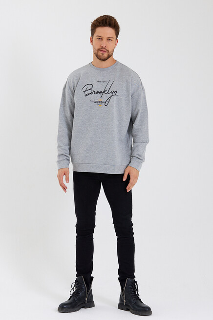 Süperlife Erkek Bisiklet Yaka Oversize Fit  El Yazılı Brooklyn İnce Sweatshirt SPR23SW331
