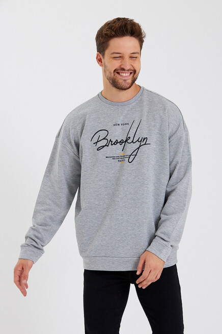 Süperlife Erkek Bisiklet Yaka Oversize Fit  El Yazılı Brooklyn İnce Sweatshirt SPR23SW331