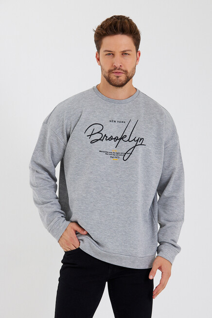 Süperlife Erkek Bisiklet Yaka Oversize Fit  El Yazılı Brooklyn İnce Sweatshirt SPR23SW331
