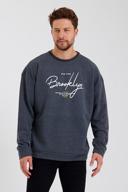 Süperlife Erkek Bisiklet Yaka Oversize Fit  El Yazılı Brooklyn İnce Sweatshirt SPR23SW331
