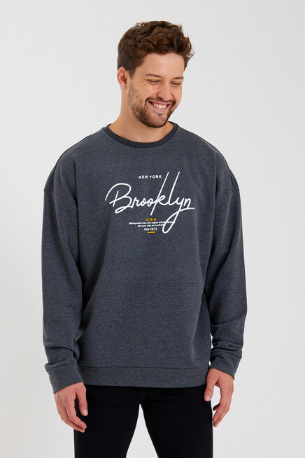 Süperlife Erkek Bisiklet Yaka Oversize Fit  El Yazılı Brooklyn İnce Sweatshirt SPR23SW331