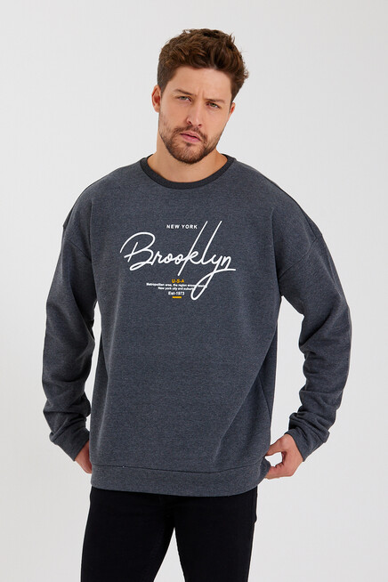 Süperlife Erkek Bisiklet Yaka Oversize Fit  El Yazılı Brooklyn İnce Sweatshirt SPR23SW331