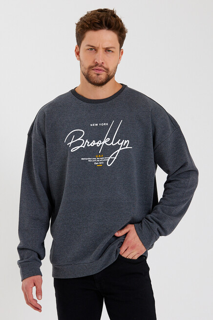 Süperlife Erkek Bisiklet Yaka Oversize Fit  El Yazılı Brooklyn İnce Sweatshirt SPR23SW331