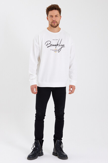 Erkek Bisiklet Yaka Oversize Fit  El Yazılı Brooklyn İnce Sweatshirt SPR23SW331