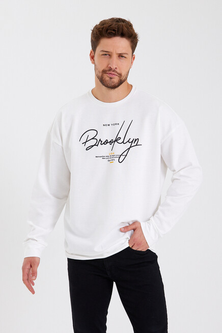 Süperlife Erkek Bisiklet Yaka Oversize Fit  El Yazılı Brooklyn İnce Sweatshirt SPR23SW331