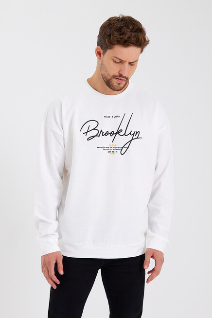 Erkek Bisiklet Yaka Oversize Fit  El Yazılı Brooklyn İnce Sweatshirt SPR23SW331