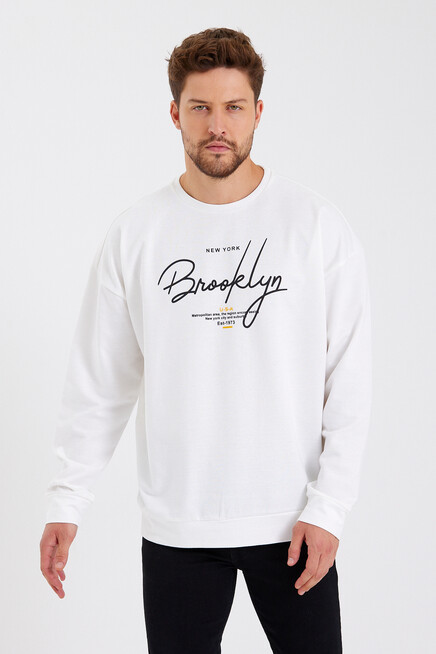 Süperlife Erkek Bisiklet Yaka Oversize Fit  El Yazılı Brooklyn İnce Sweatshirt SPR23SW331