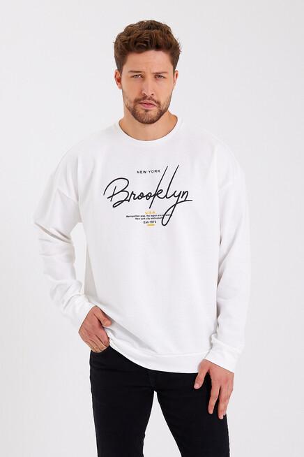 Süperlife Erkek Bisiklet Yaka Oversize Fit  El Yazılı Brooklyn İnce Sweatshirt SPR23SW331