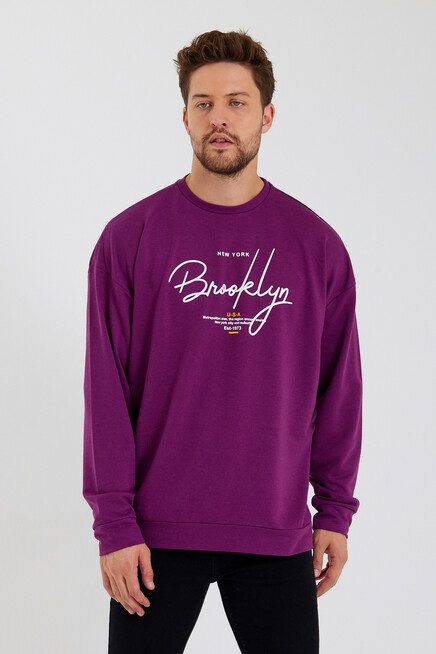 Süperlife Erkek Bisiklet Yaka Oversize Fit  El Yazılı Brooklyn İnce Sweatshirt SPR23SW331