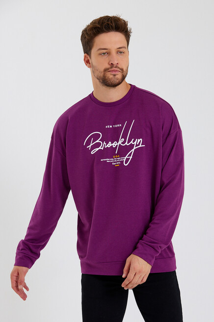 Süperlife Erkek Bisiklet Yaka Oversize Fit  El Yazılı Brooklyn İnce Sweatshirt SPR23SW331