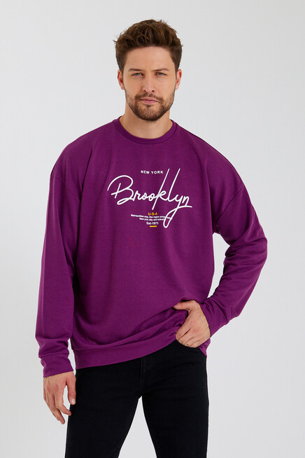 Süperlife Erkek Bisiklet Yaka Oversize Fit  El Yazılı Brooklyn İnce Sweatshirt SPR23SW331