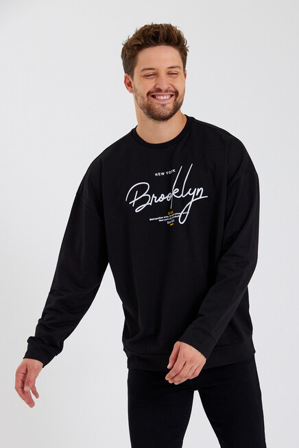 Süperlife Erkek Bisiklet Yaka Oversize Fit  El Yazılı Brooklyn İnce Sweatshirt SPR23SW331