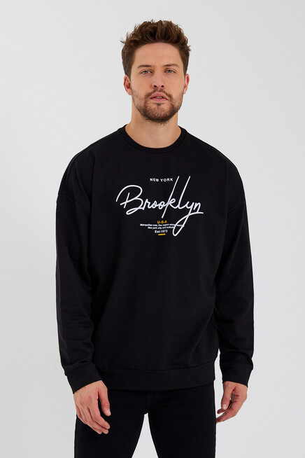 Süperlife Erkek Bisiklet Yaka Oversize Fit  El Yazılı Brooklyn İnce Sweatshirt SPR23SW331
