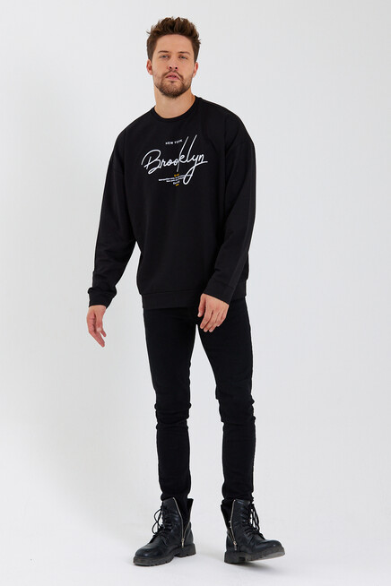 Süperlife Erkek Bisiklet Yaka Oversize Fit  El Yazılı Brooklyn İnce Sweatshirt SPR23SW331