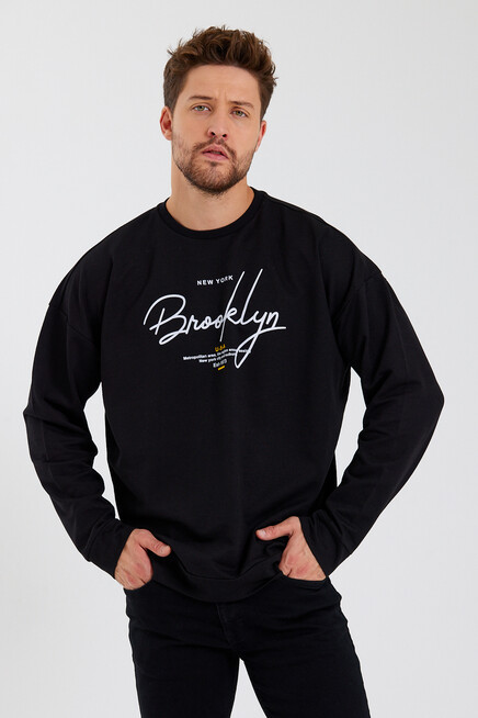 Süperlife Erkek Bisiklet Yaka Oversize Fit  El Yazılı Brooklyn İnce Sweatshirt SPR23SW331