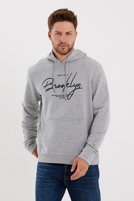 Süperlife Erkek Kapşonlu  Oversize Fit Brooklyn Baskılı İnce Sweatshirt SPR23SW361