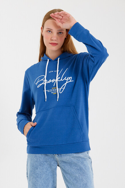 Süperlife Kadın Kapşonlu  Oversize Fit El Yazılı Brooklyn Baskılı İnce Sweatshirt SPR23SWk361