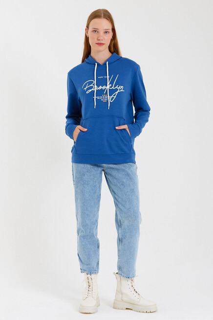 Süperlife Kadın Kapşonlu  Oversize Fit El Yazılı Brooklyn Baskılı İnce Sweatshirt SPR23SWk361