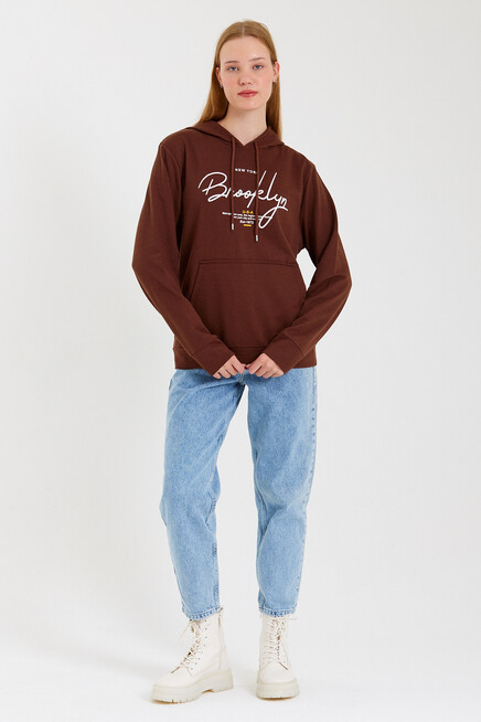 Süperlife Kadın Kapşonlu  Oversize Fit El Yazılı Brooklyn Baskılı İnce Sweatshirt SPR23SWk361