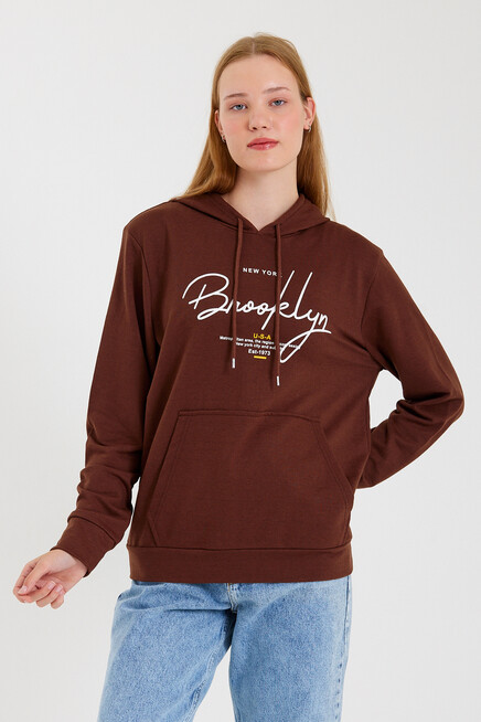 Süperlife Kadın Kapşonlu  Oversize Fit El Yazılı Brooklyn Baskılı İnce Sweatshirt SPR23SWk361