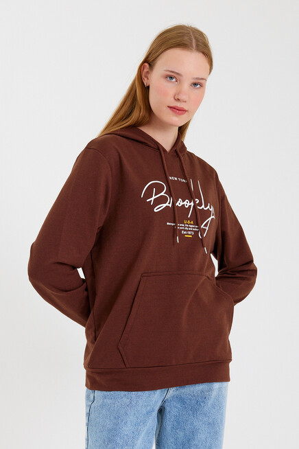 Süperlife Kadın Kapşonlu  Oversize Fit El Yazılı Brooklyn Baskılı İnce Sweatshirt SPR23SWk361