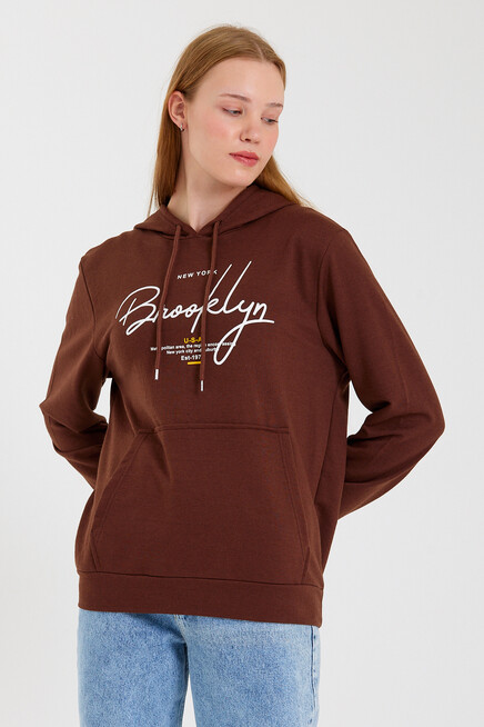 Süperlife Kadın Kapşonlu  Oversize Fit El Yazılı Brooklyn Baskılı İnce Sweatshirt SPR23SWk361