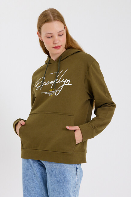 Süperlife Kadın Kapşonlu  Oversize Fit El Yazılı Brooklyn Baskılı İnce Sweatshirt SPR23SWk361