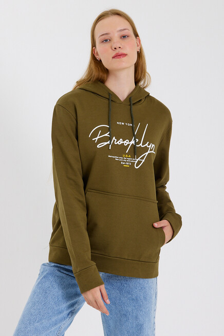 Süperlife Kadın Kapşonlu  Oversize Fit El Yazılı Brooklyn Baskılı İnce Sweatshirt SPR23SWk361