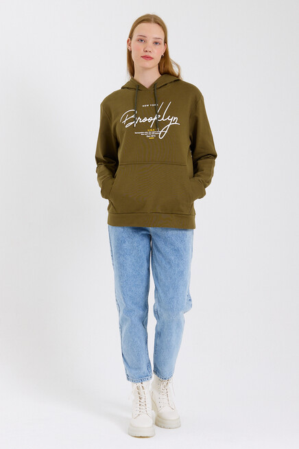 Süperlife Kadın Kapşonlu  Oversize Fit El Yazılı Brooklyn Baskılı İnce Sweatshirt SPR23SWk361